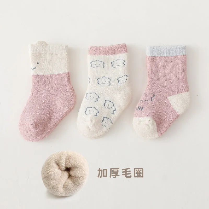 3PCS Baby Boys Girls Autumn and Winter Cartoon Print Terry Thickened Mid-thigh Socks
