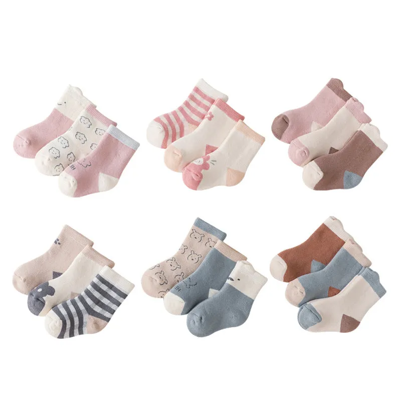 3PCS Baby Boys Girls Autumn and Winter Cartoon Print Terry Thickened Mid-thigh Socks