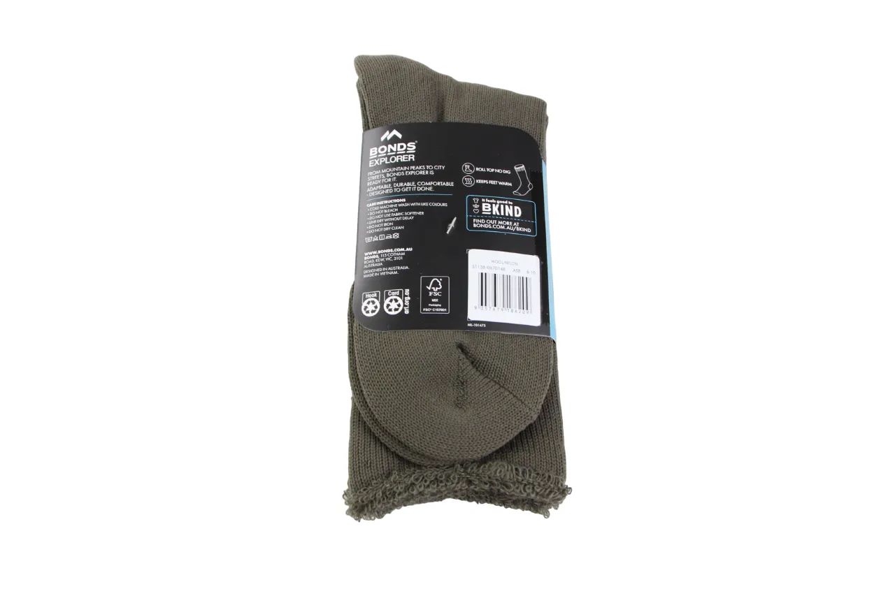 6-Pack of Mens Army Green Wool Blend Explorer Original Crew Socks by Bonds