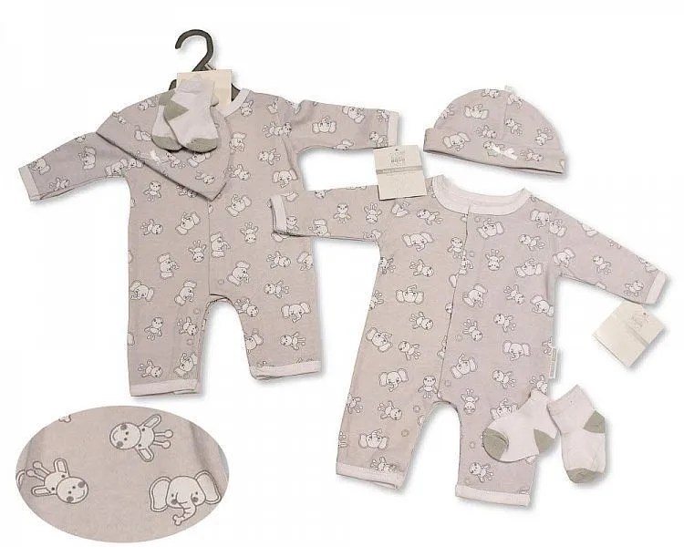 Baby All-In-One with Hat and Socks - Elephant/ Giraffe (NB & 0-3 Months ) Bis-2100-2315