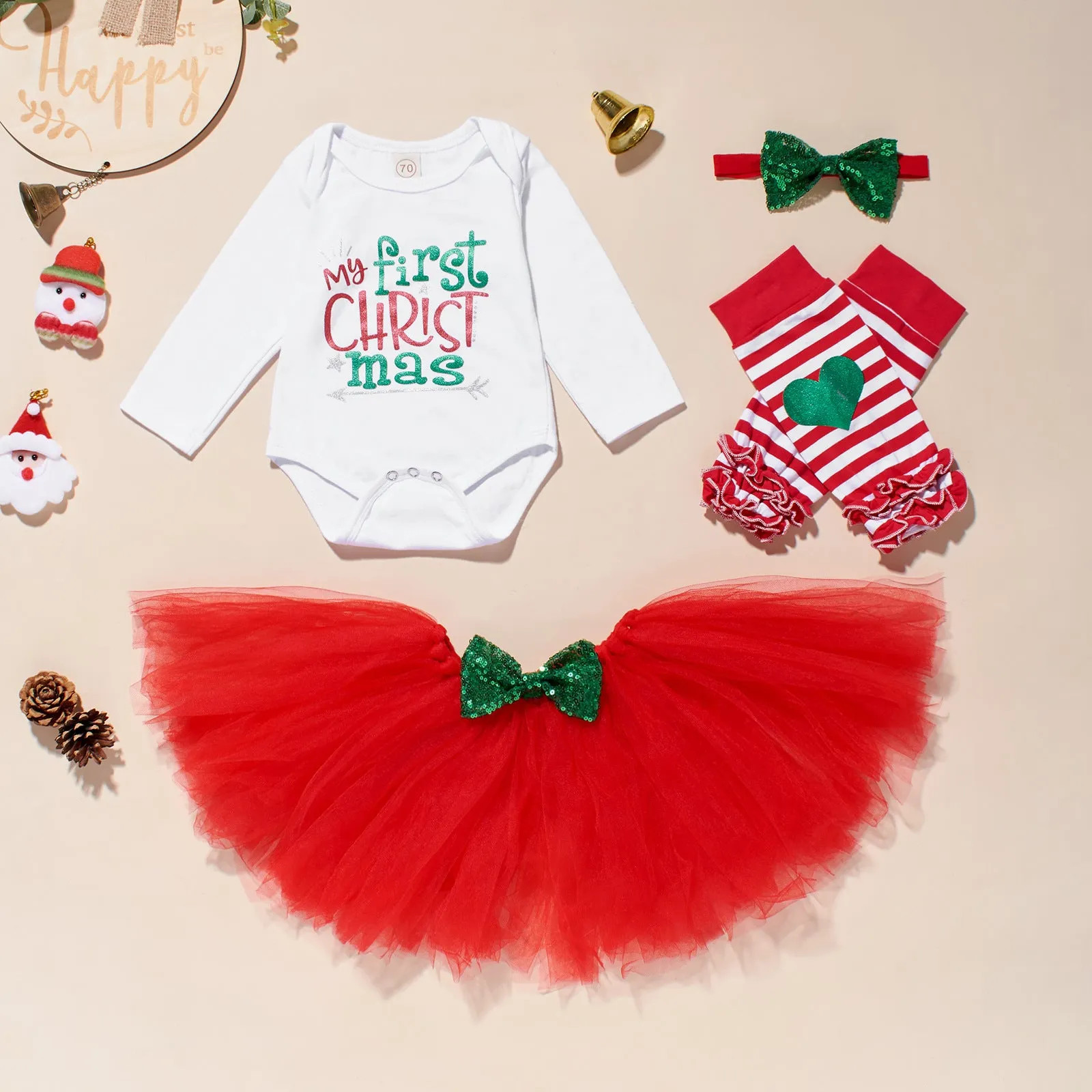 Christmas Girls Sarong Long Sleeve Bow Striped Socks Cartoon Print Letters 4PCS Set