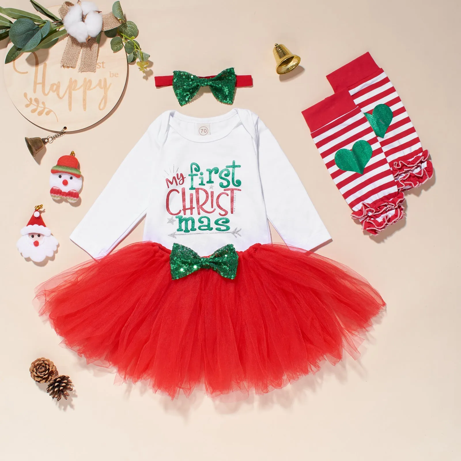 Christmas Girls Sarong Long Sleeve Bow Striped Socks Cartoon Print Letters 4PCS Set