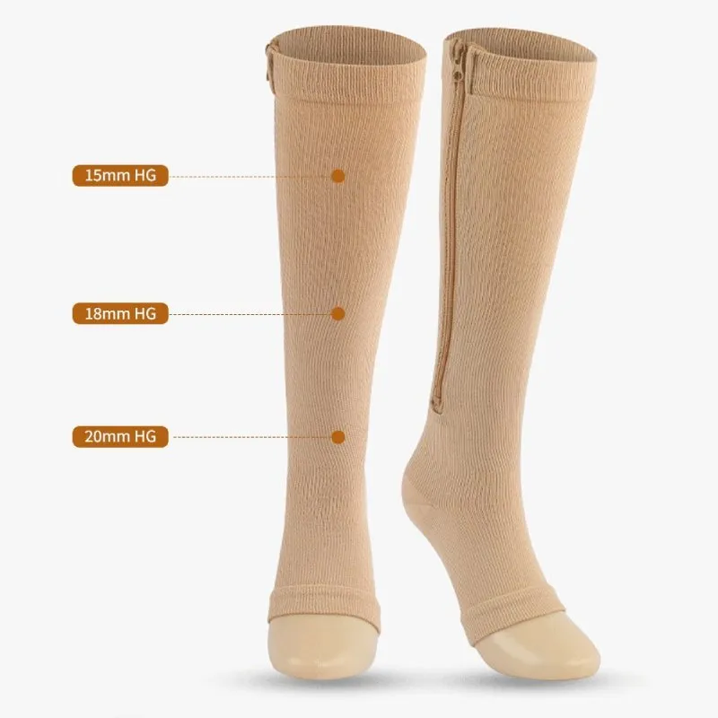 GRW Knee High Compression Socks Women Breathable Calf Protection Side Zipper Open Toe