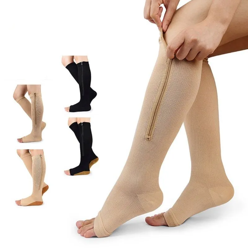 GRW Knee High Compression Socks Women Breathable Calf Protection Side Zipper Open Toe