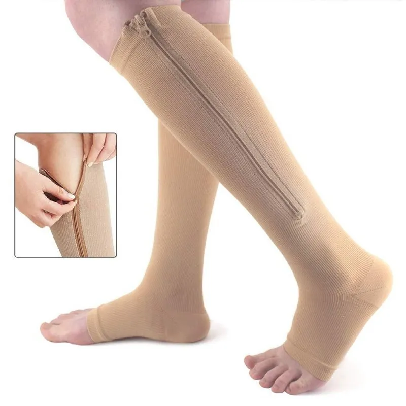 GRW Knee High Compression Socks Women Breathable Calf Protection Side Zipper Open Toe