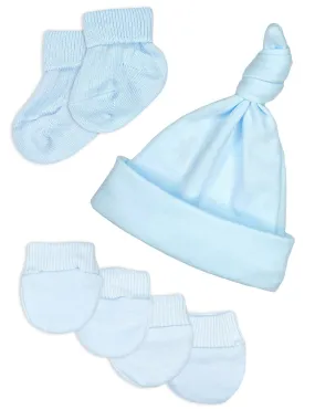 Premature Baby Knotted Hat, Socks and Mitts Set - Blue